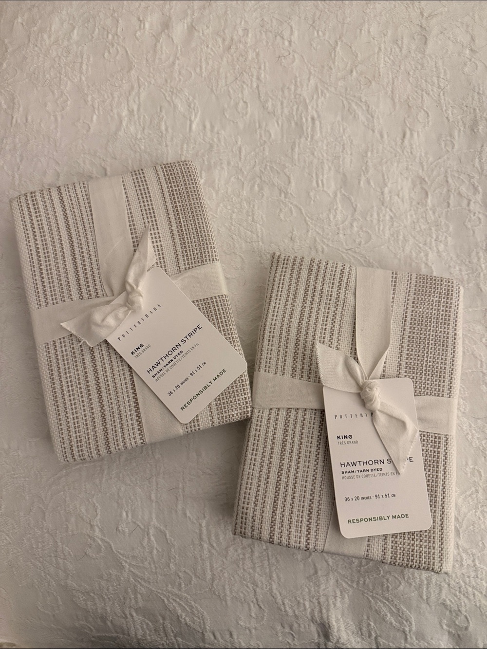 Pottery Barn Hawthorn Stripe King Pillow Shams - Cream & Taupe